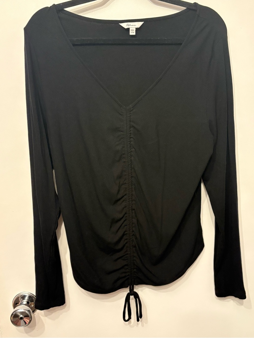 Black V-Neck Long-Sleeve Ruched Drawstring Top
